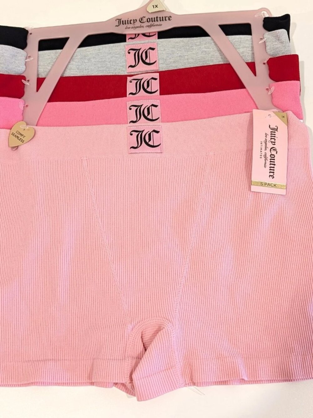 Juicy Couture Seamless Ribbed Boyshort Panties 5 Pack Pink Black Plus 1X NWT